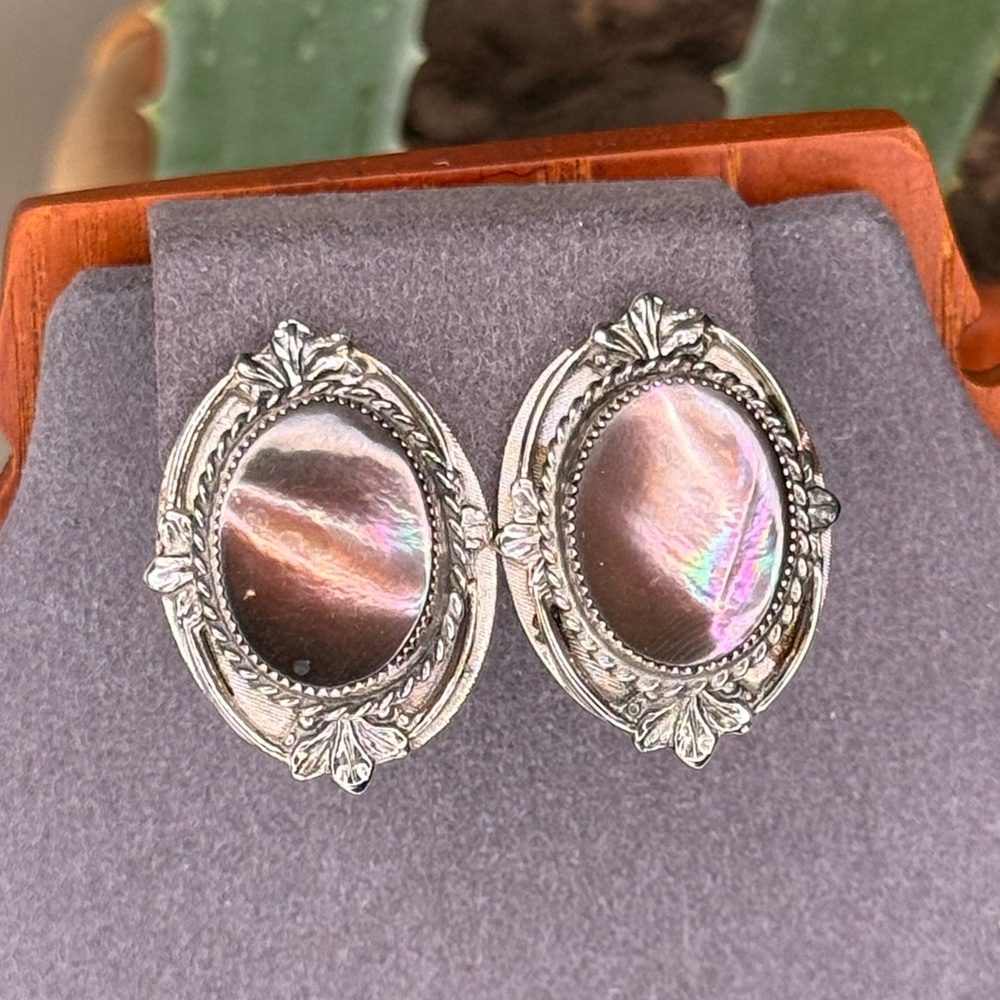 Vintage Whiting & Davis Abalone Shell Clip-On Earrings Silver Tone Statement